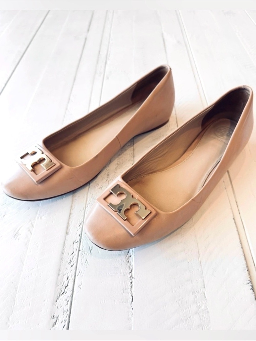 Tory Burch Ballet Flats Leather Logo Beige Size 8M - Picture 2 of 10